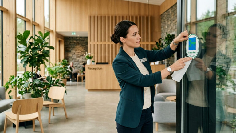 Professionista applica l'adesivo della certificazione Green Key sulla porta di un hotel ecosostenibile